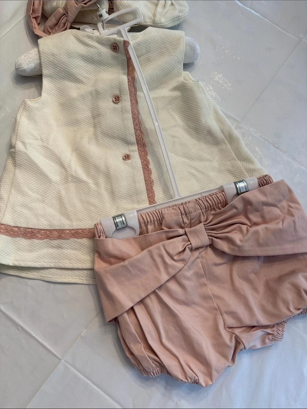 cupcakes & cashmere Cream Dress with Blush Trim and Blush Bloomers